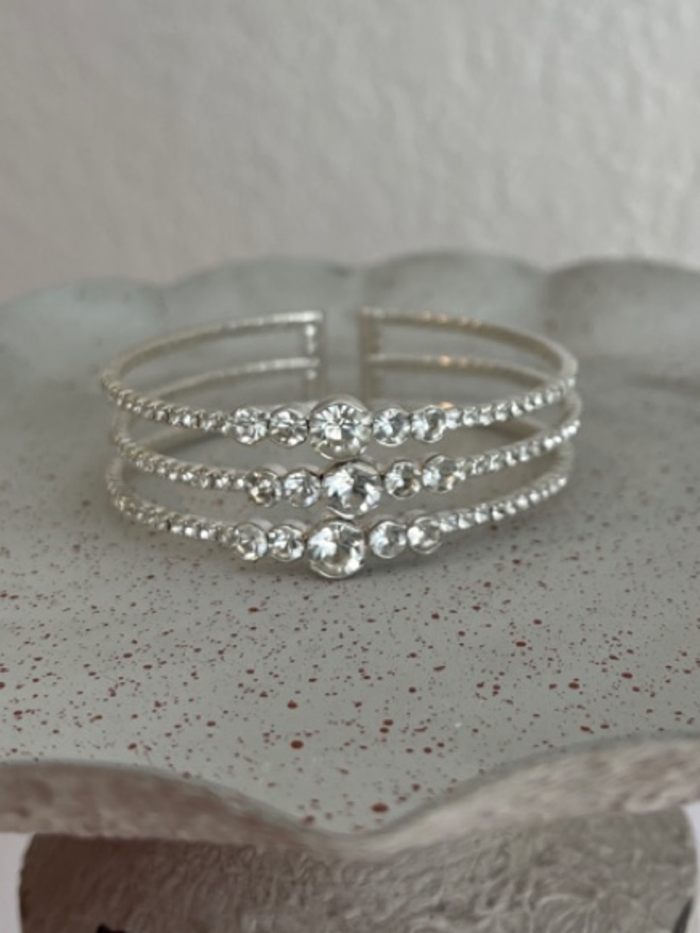 Rhinestone Triple-Row Silver Cuff Bracelet